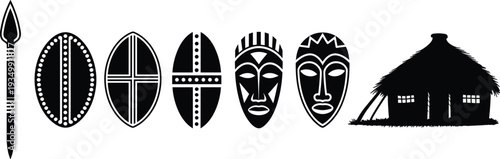 African tribal masks shields and hut silhouettes, traditional ethnic culture symbols isolated on white background vector illustration set