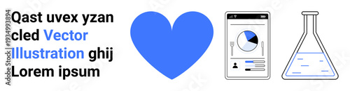 Data analysis, scientific research, technology development, healthcare innovation, business analytics, visual communication. A heart, smartphone graph and flask. Data analysis and scientific