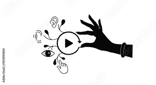 Hand interacting with sensory icons and play button, symbolizing digital experience and perception.
