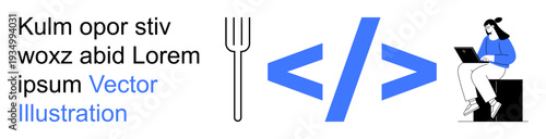 Software development, programming, coding, digital workspaces, tech lifestyle, culinary . Fork symbol, coding tag person on laptop. Software development and programming concepts