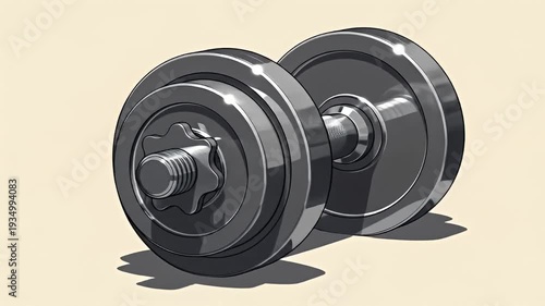 Cartoon-style metal dumbbell with weight plates and a textured grip, casting a shadow