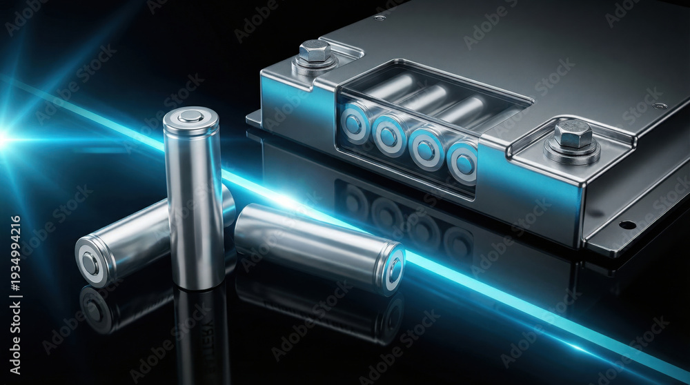 Fototapeta premium Battery pack electric vehicle power concept in modern metal cylinder cell design