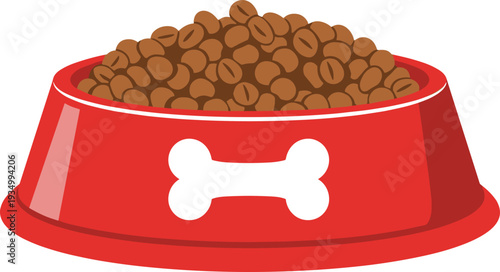 Dog food bowl illustration, pet feeding dish with kibble vector isolated cartoon animal nutrition container icon symbol