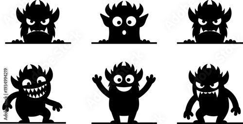 Cute monster silhouette set, funny cartoon creatures collection, spooky character vector illustration isolated on white background, Halloween mascot bundle design