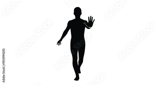 Silhouette of a person walking forward with an open palm, signaling to stop.