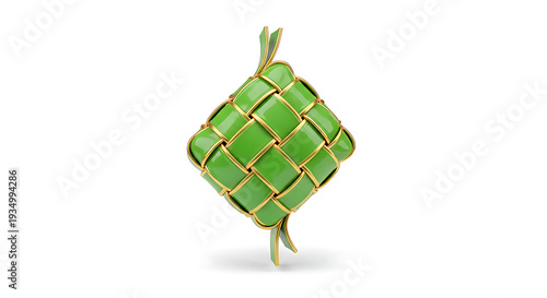 A modern 3D ketupat icon in glossy green and gold accent, isolated on clean white background, minimal aesthetic