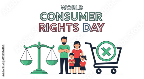Illustration of a family standing with a scale and shopping cart on World Consumer Rights Day, symbolizing fair trade practices and consumer protection with a bold graphic design.