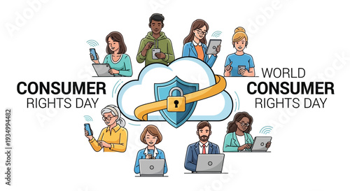 Illustration of diverse people using digital devices around a cloud with a lock on World Consumer Rights Day, promoting consumer protection and fair trade practices in a colorful and modern
