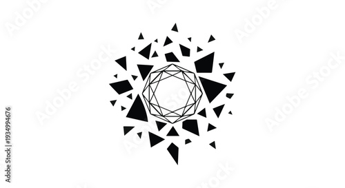 Geometric explosion of abstract shapes and a central faceted design on white background