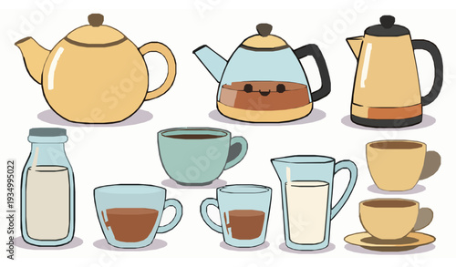 Kawaii Tea and Coffee Drinkware Vector Set Cute Colorful Ceramic Cups Illustration