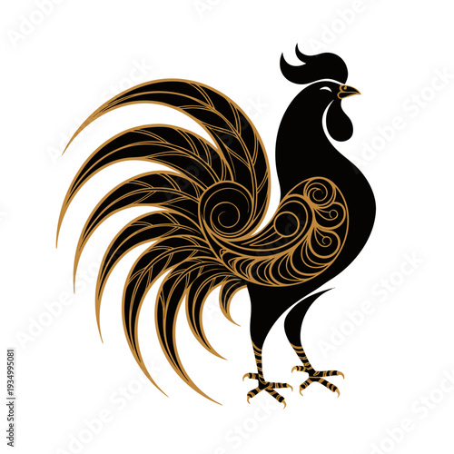 Stylized Rooster Vector Illustration with Elegant Gold Filigree Patterns.Luxury Black and Gold Rooster Design for Chinese Zodiac Year of the Rooster.