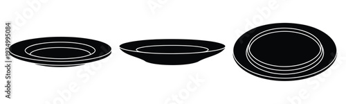 Plate minimal flat icon set in black color on white background, including simple plate, dish, and tableware illustrations