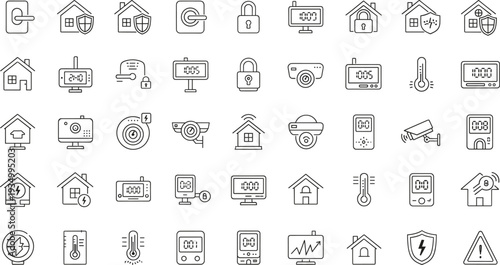Smart Home Security Icon Set with IoT Devices Temperature Control Surveillance Alarm System and Home Automation Line Vector Collection