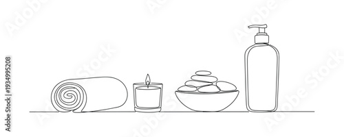 Continuous line drawing of spa accessories and wellness items, linear vector illustration