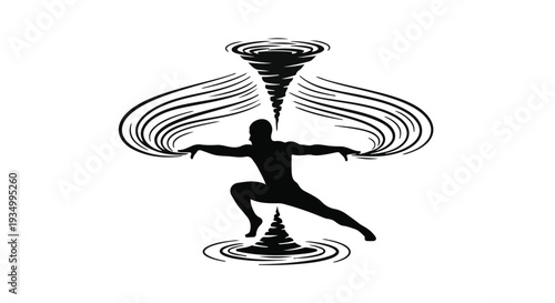 Silhouette of a person controlling swirling energy with outstretched arms, symbolizing power and control.