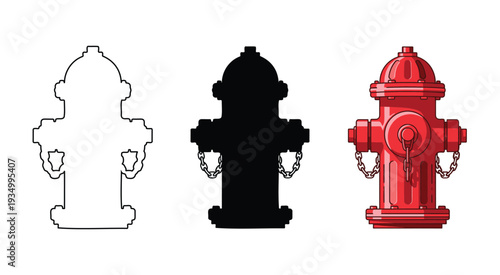 Fire hydrant vector illustrations in outline silhouette and realistic styles