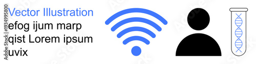 Digital communication, biometric identity, genetic research, technology innovation, wireless connectivity, data visualization. wireless signal, person icon and DNA strand in test tube. Digital