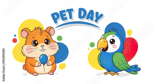 Cartoon Hamster and Parrot Illustration Pet Day.