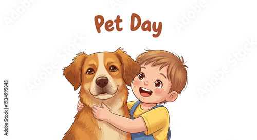 Young Boy Hugging Happy Golden Retriever Dog.