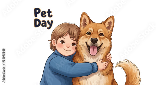 Child Hugging Dog Illustration Pet Day.
