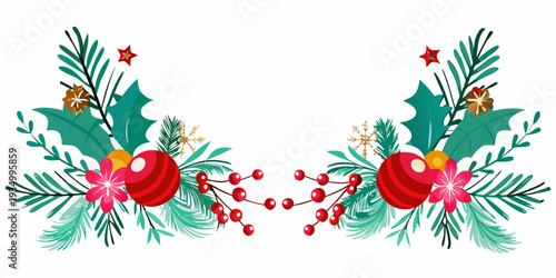 Festive christmas arrangement with holly berries and ornaments