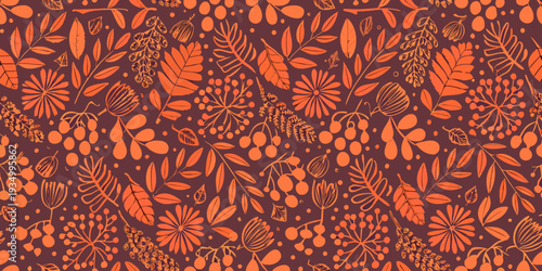 A repeating pattern of sketched orange botanical elements on a dark background