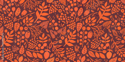 A vibrant repeating pattern of orange botanical illustrations on maroon
