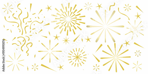 Golden confetti and starbursts scattered across a light background