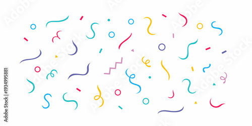 Colorful confetti and ribbon shapes scattered across a white background
