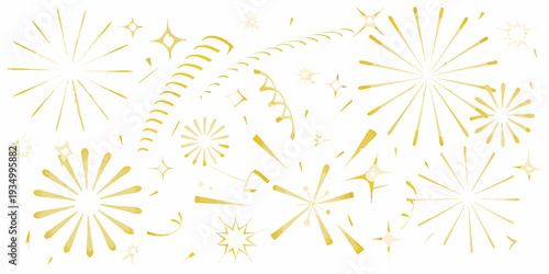 Golden firework shapes and sparkles scattered across a white background