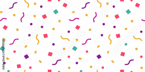 Colorful confetti pattern scattered across a clean white background