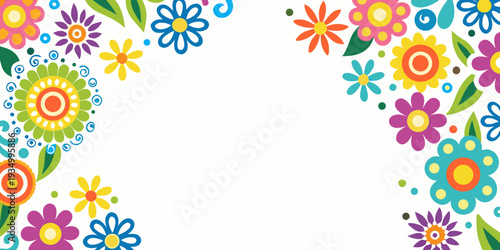 Colorful floral arrangement forming a decorative border on white