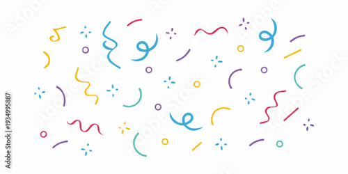 Colorful confetti and abstract shapes float against a white background