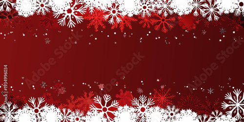 Festive red background adorned with scattered white and red snowflakes