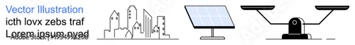Sustainability, renewable energy, urban planning, environmental justice, legal balance, eco-friendly concepts. City buildings, solar panel scale icon. Renewable energy and urban planning