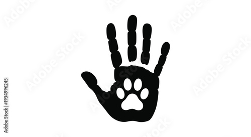 A striking black silhouette of a handprint incorporating a paw print design representing connection and nature silhouette