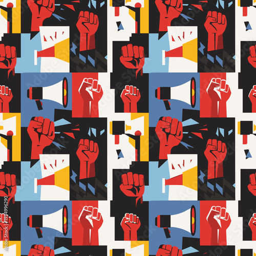 Pop Art Style Collage Pattern of Protest Fists and Megaphones
