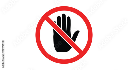 A stark red circle with a diagonal line and a black hand silhouette indicating prohibition restriction or denial