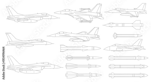 Line drawings of fighter jets and missiles in various configurations.