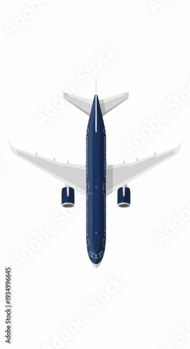 Blue commercial airplane flying isolated on white background.