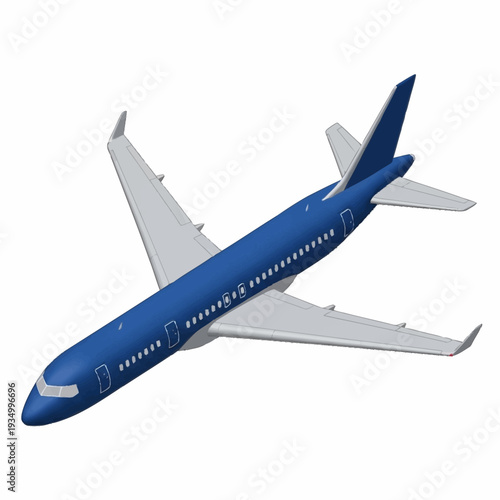 Blue commercial airplane in flight against a white background.