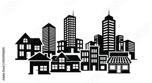 A striking black cityscape featuring various building heights and architectural styles presented as a silhouette high quality professional