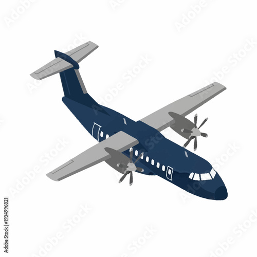 Navy blue airplane with gray wings and propellers on a white background.