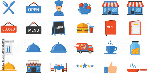 Restaurant and cafe service icon set with chef menu burger coffee delivery open closed sign and dining symbols.