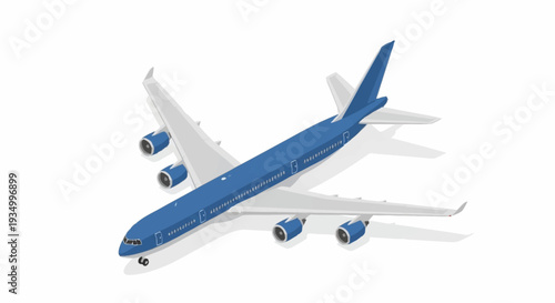 Large blue commercial airplane flying with engines on white background.