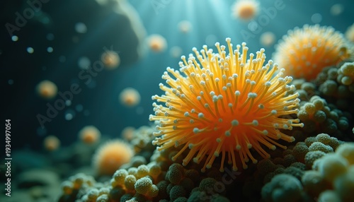 Microscopic Yellow Organisms With Tentacles Floating In Blue Water With Sunbeams Shining Down On Coral Reefs And