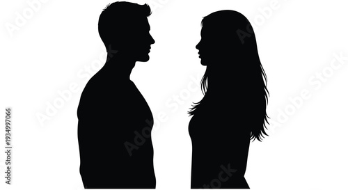 A striking black silhouette depicts a man and woman facing each other in profile silhouette high quality professional