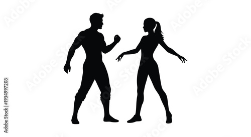 A dynamic black silhouette depicts a man and woman facing each other in a tense interaction silhouette