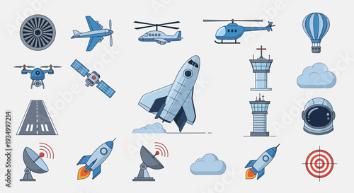 A collection of aviation and space exploration icons.