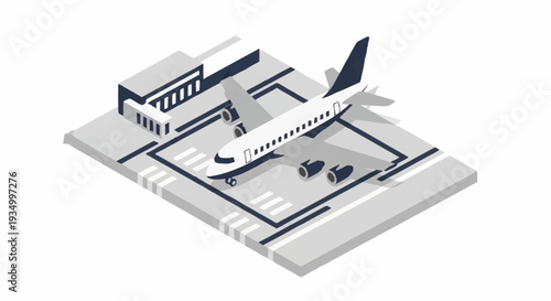 Isometric illustration of an airplane at airport terminal.